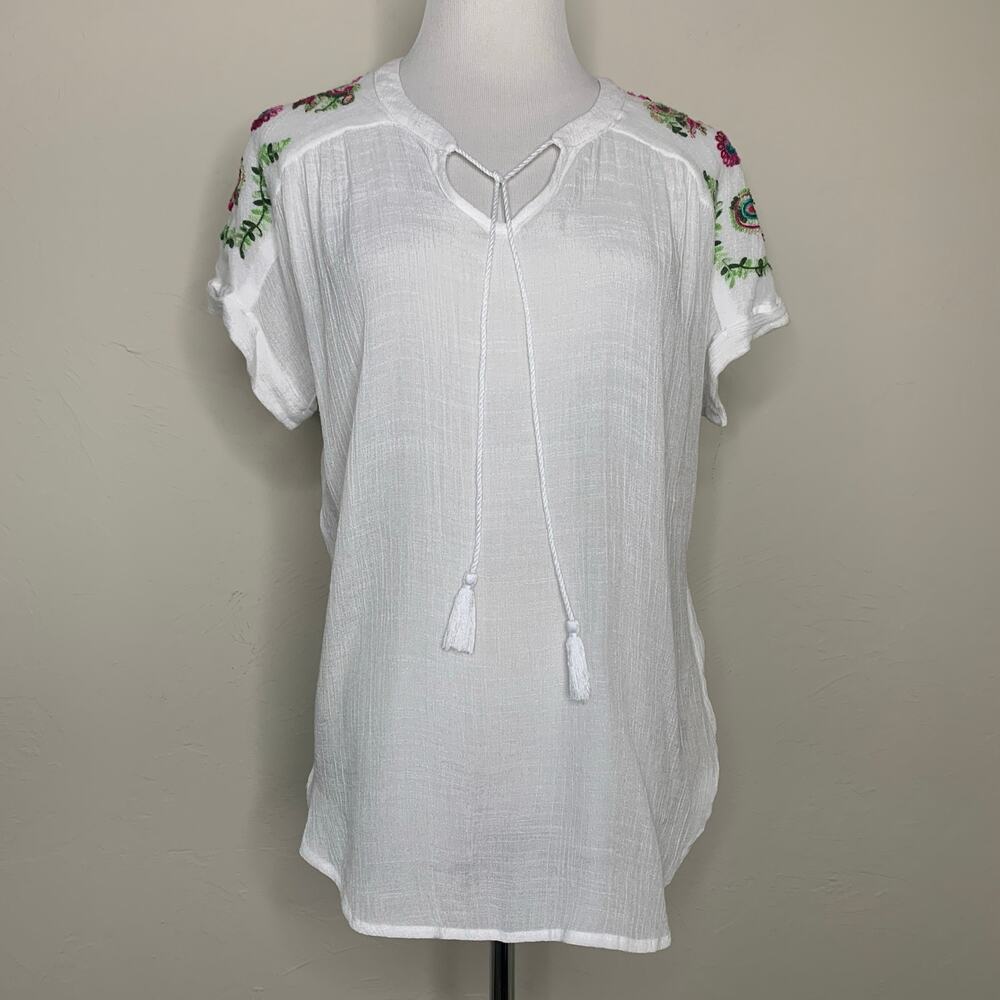 Boho Embroidered Crinkle Cotton Blouse Tassel Tie Sz Medium Petite